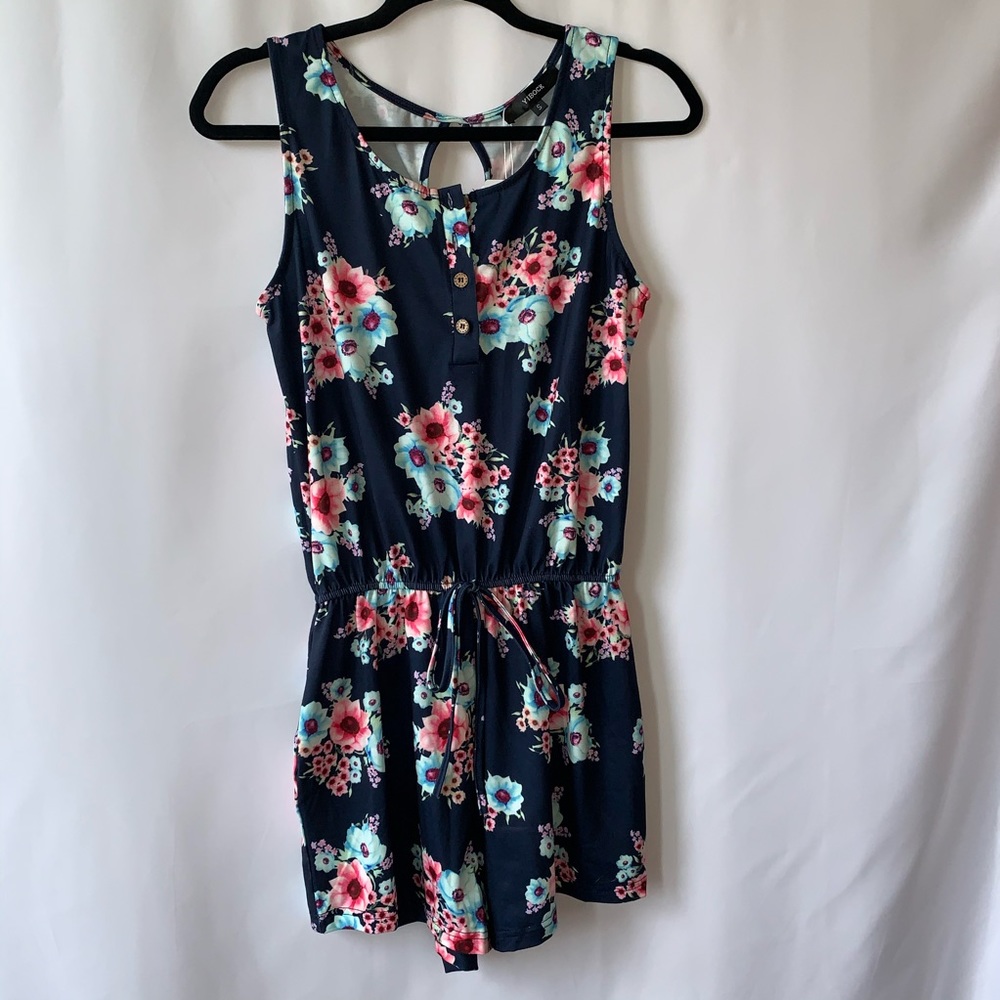 Yibock Womens Romper Navy with Floral Print Size S